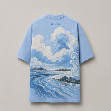 RENDER Skyline Serenity Oversized Tee Ice Blue – flat lay back showing full ocean and cloud graphic print
