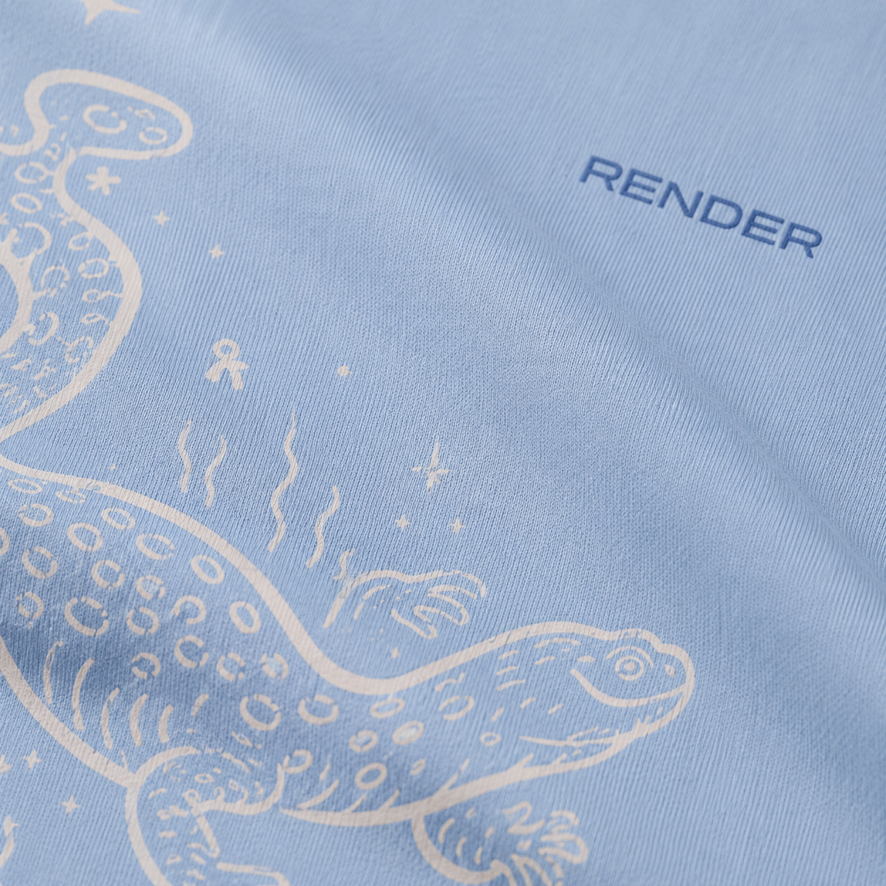 RENDER Skyline Serenity Oversized Tee Ice Blue – lifestyle shot with size guide chart showing oversized drop shoulder fit