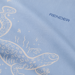 RENDER Skyline Serenity Oversized Tee Ice Blue – lifestyle shot with size guide chart showing oversized drop shoulder fit